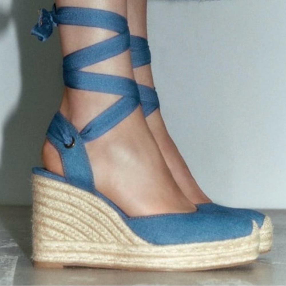 Zara NWOT Denim Espadrille Wedge Ankle-Tie Sandal EUR 35 - Picture 2 of 6
